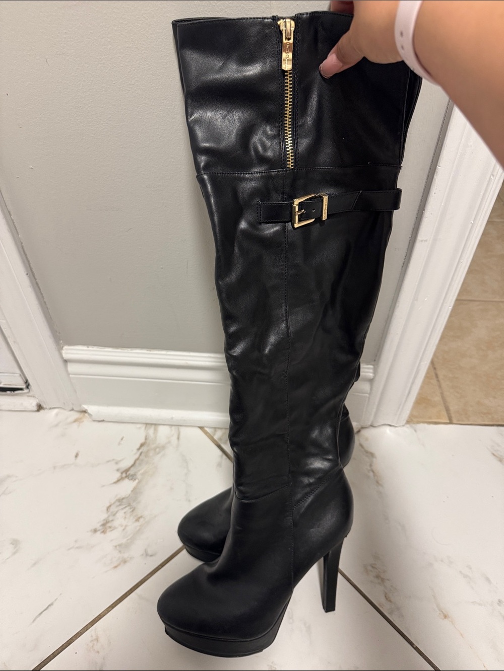 BCBG Black Over-the-Knee Stiletto Boots with Gold Hardware